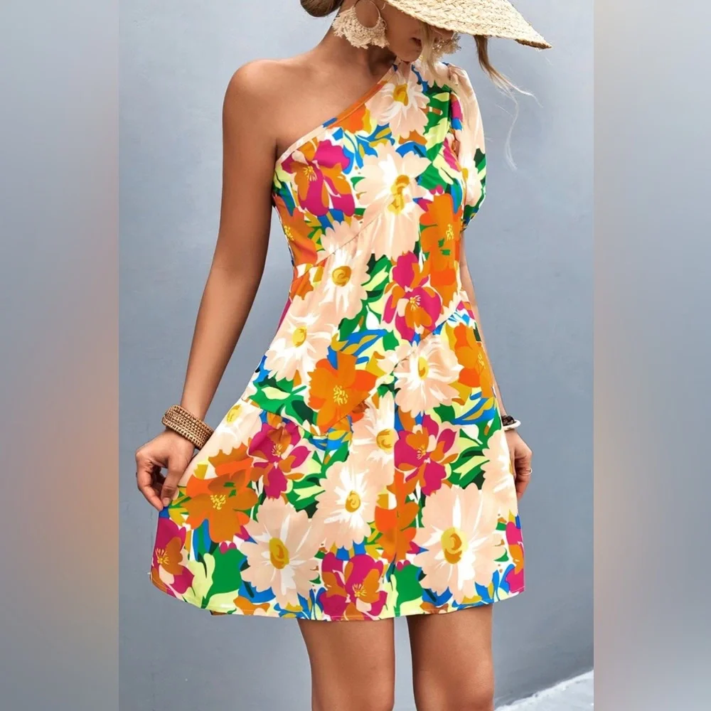 Floral One-Shoulder Puff Sleeve Dress - Picture 4 of 6